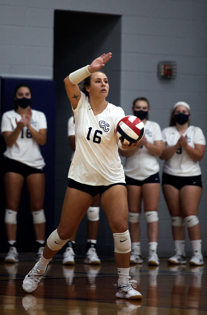 Columbia College junior Sidney Branson serves the ball